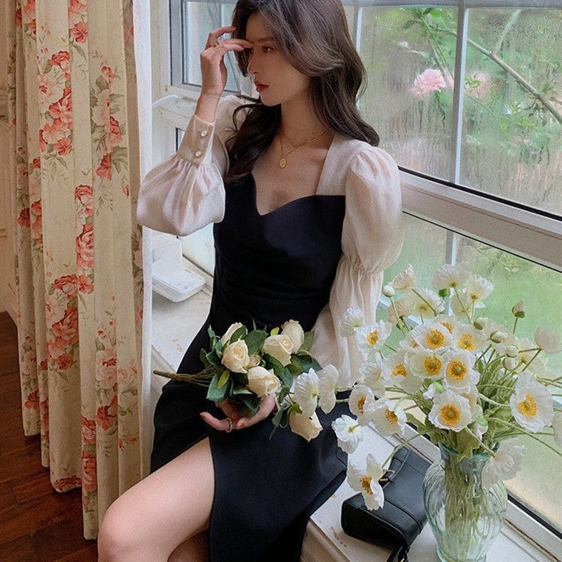 Spring French Elegant Midi Dress Women Square Collor Puffer Sleeve Vintage Dress Female Sweet Party Dress Korean 210521