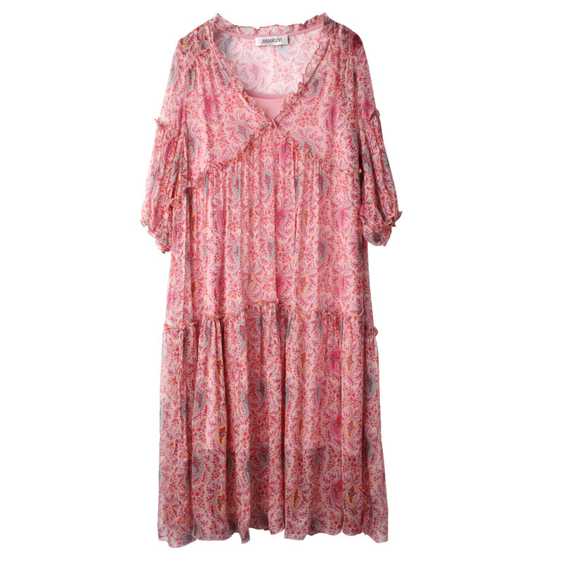 VKBN Large Size Summer Dress Women V-Neck Half Sleeve Chiffon Floral Print Plus Size Women Dress Fashion 210507