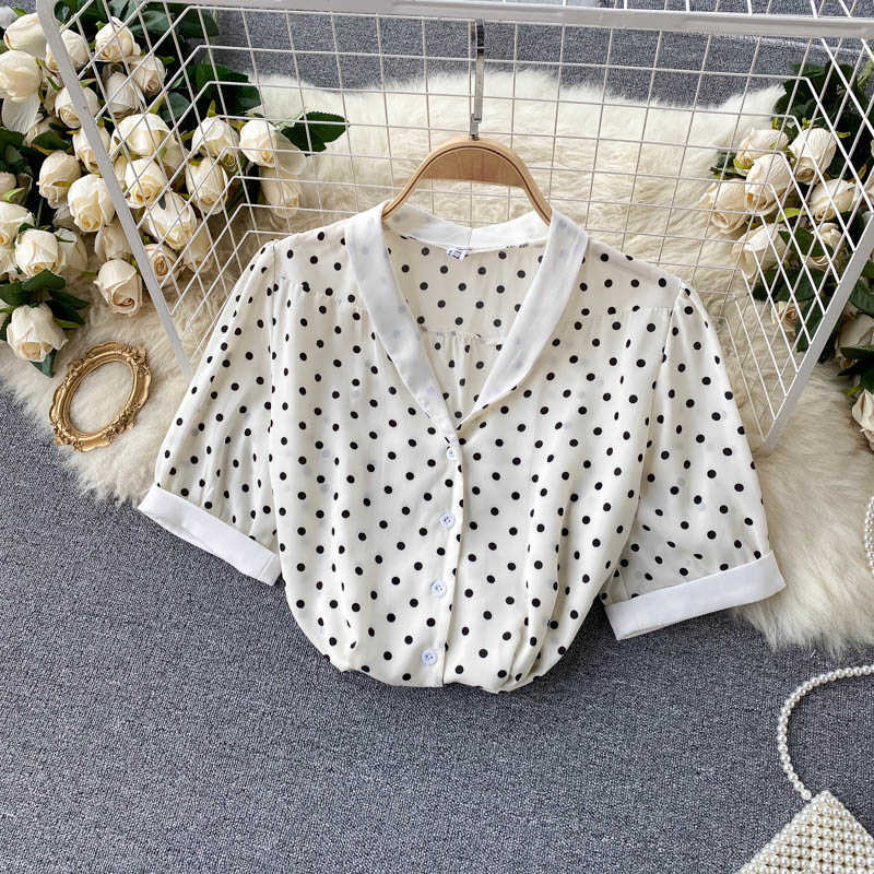 French Style Women's Blouse Summer Short Sleeve V-neck Casual Femle Top Vintage Polka Dot Print Single Breasted Chic Shirt Tops 210603
