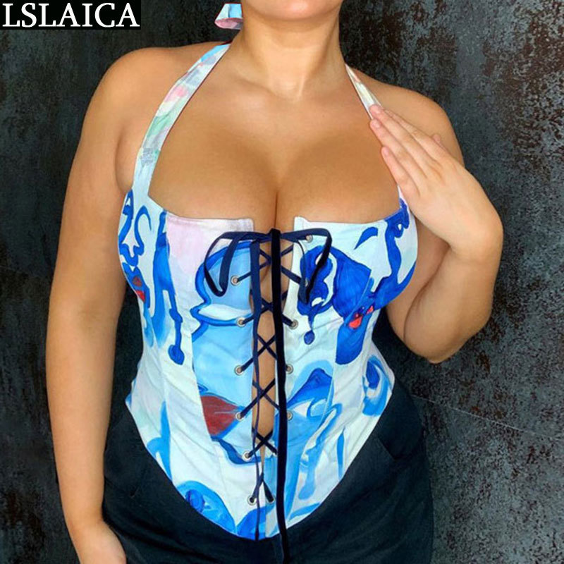 Printed Chest Strap Hollow Out Sling Fashion Arrival Backless Off Shoulder Women Clothes Skinny Sexy Clubwear Tops 210520