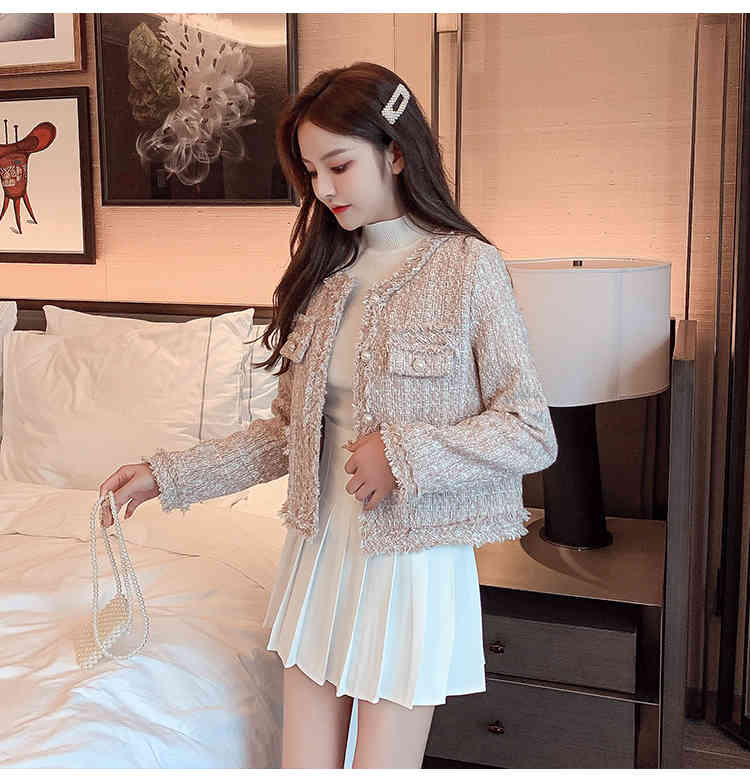 Women Elegant Tweed Outerwear Spring Round Neck Single Breasted Blends Wool Female Long Sleeve Jacket Coat 210519