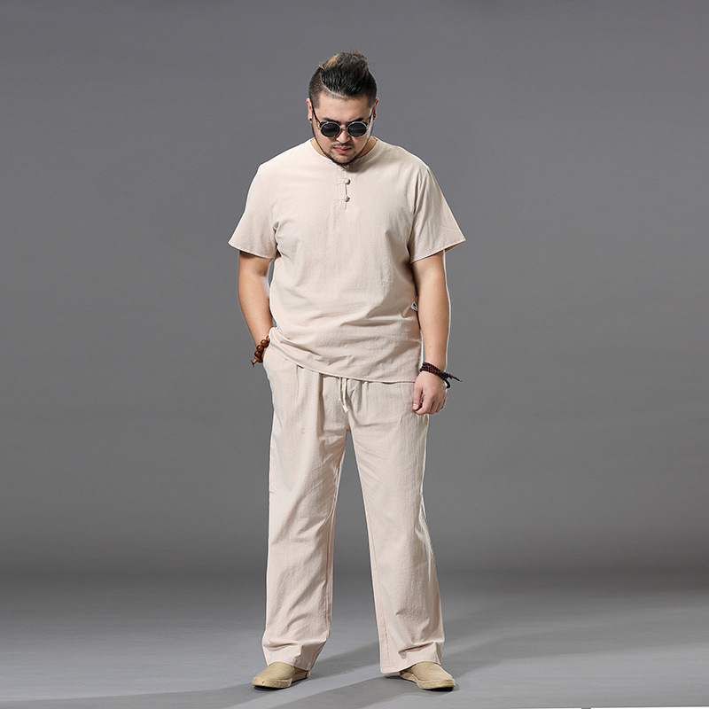 Men's Large Size Clothing Big Tracksuit Suit Linen Overweight T-shirt Casual Male Elastic Waist Band 7XL 8XL 9XL Big Two Pcs Set 210518
