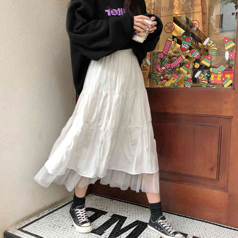 Long Skirts For Women's Harajuku Korean Style White Black Maxi Teenagers High Waist School 12819 210427