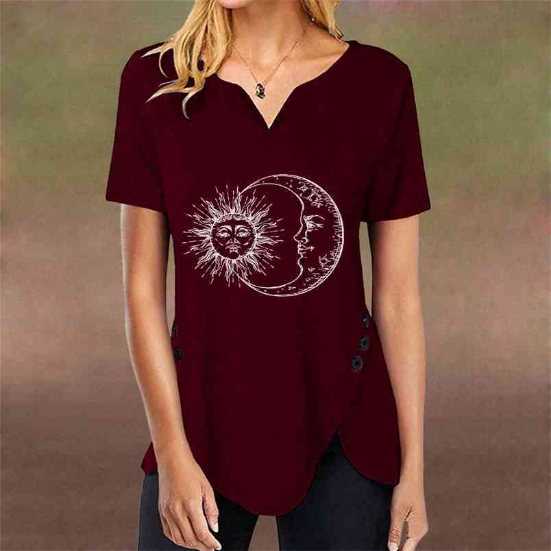 Women Casual Fashion T-shirt Sun Moon Print Loose V-neck Short Sleeve Button Irregular Tshirt Summer Tops Plus Size 5XL 210522