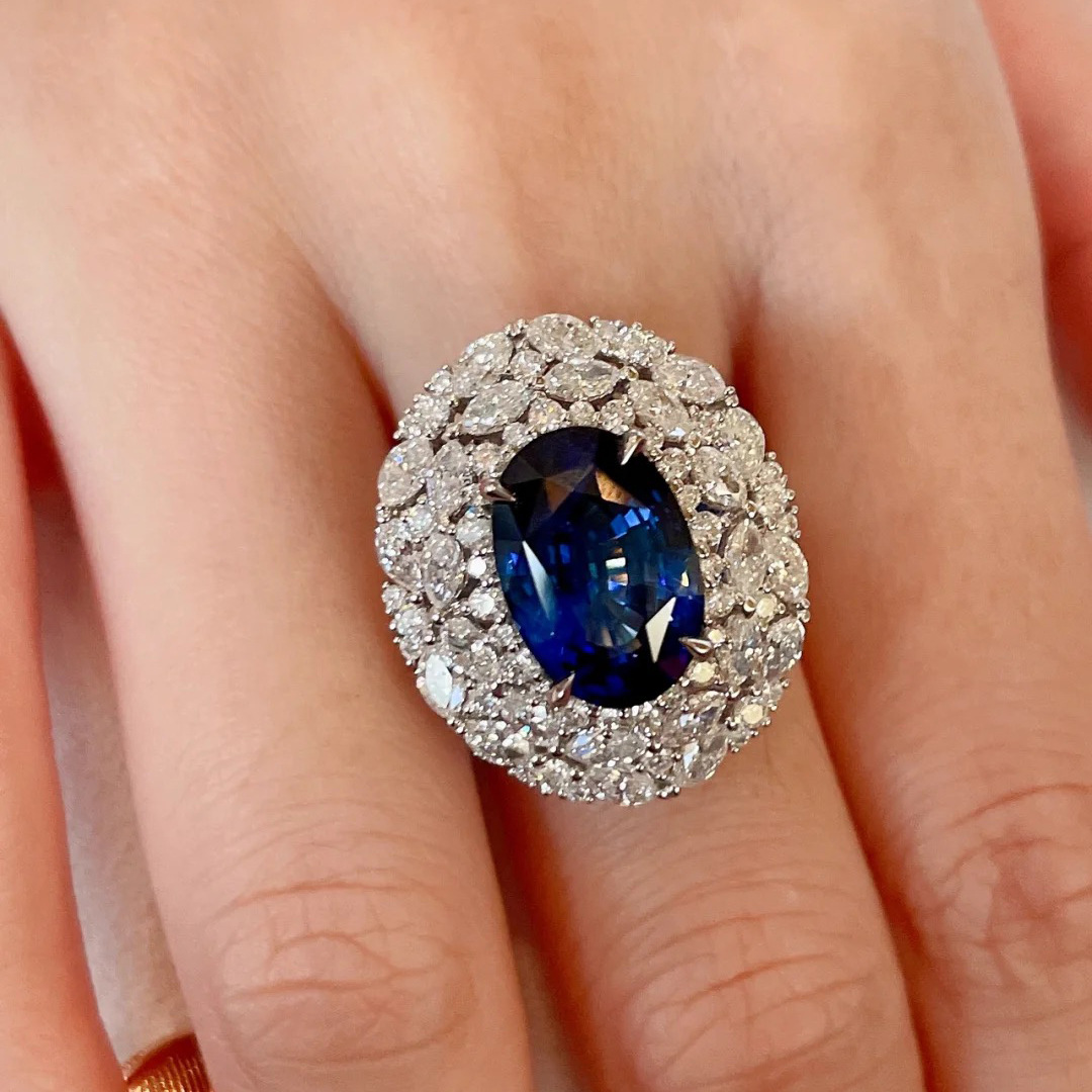 2024 Top-Selg Sterg Sier Oval Cut Blue Sapphire CZ Dia Gemstone Adjustable Engagement Ring
