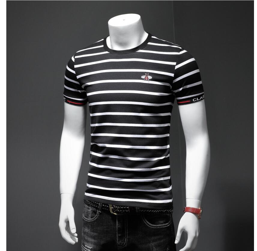 European station men's bee embroidery T-shirt 2021 summer striped men's short-sleeved T-shirt men's net red half-sleeved top