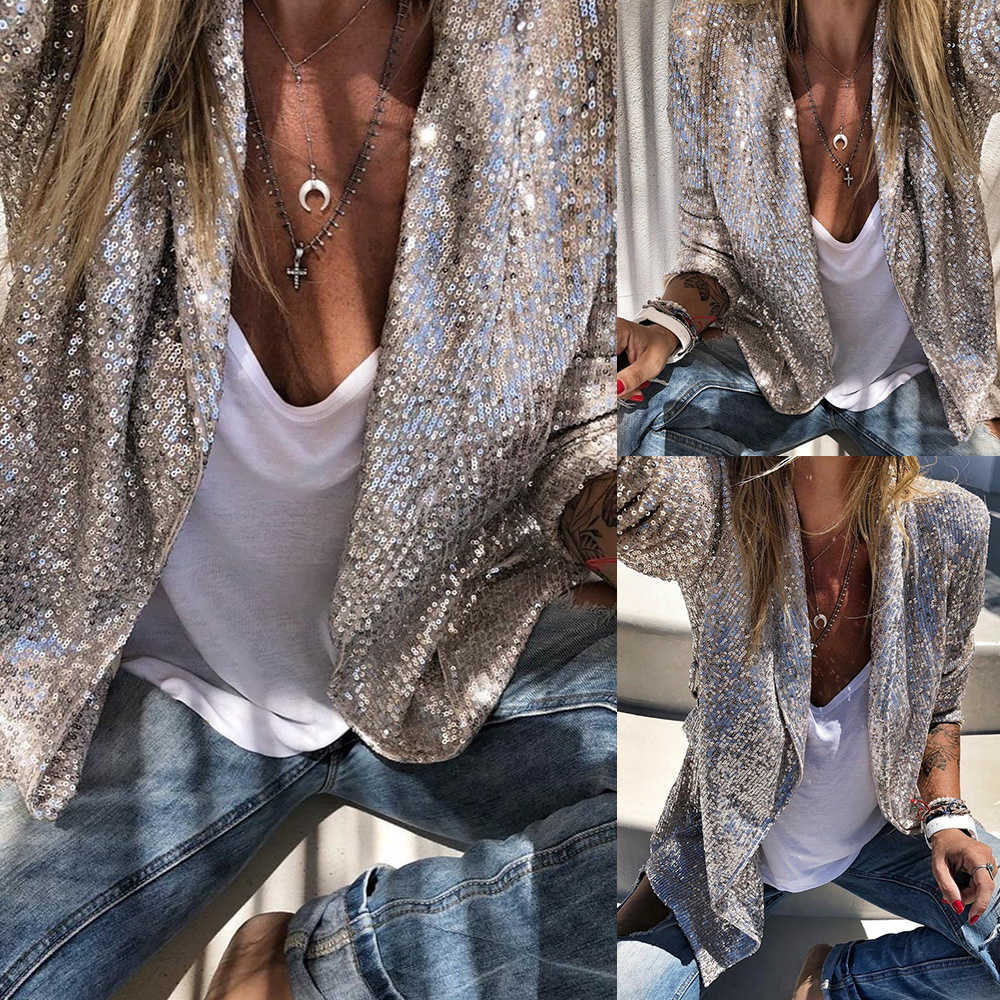DUUTI Long Sleeve Open Front Sequin Coat Women Casual Female Jacket Notchedlepel Out Wear Ladies For Party 210930
