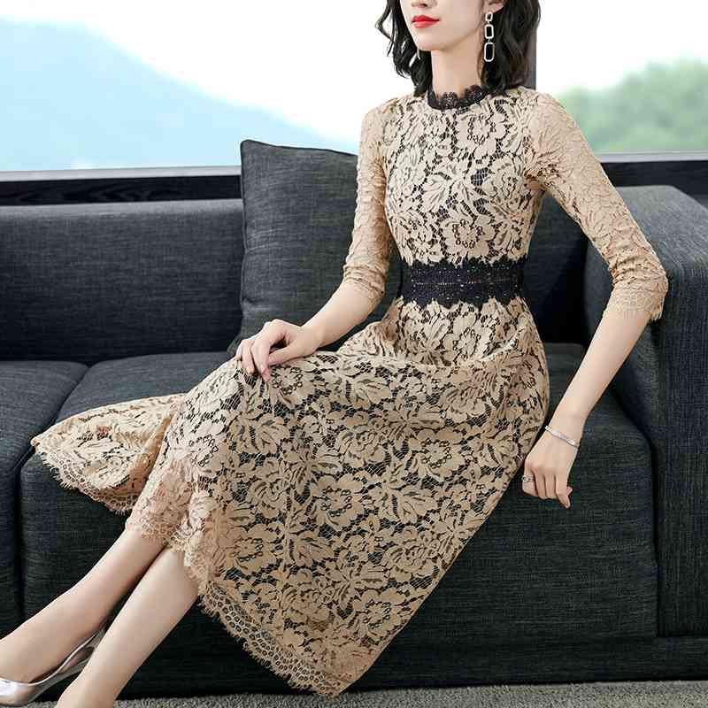 Luxury Crochet Hollow Lace Runway Dress Spring Summer Women O-Neck 3/4 Sleeve Slim Waist Female Vintage Party es 210603, Khaki
Luxury Crochet Hollow Lace Runway Dress Spring Summer Women O-Neck 3/4 Sleeve Slim Waist Female Vintage Party es 210603, Khaki