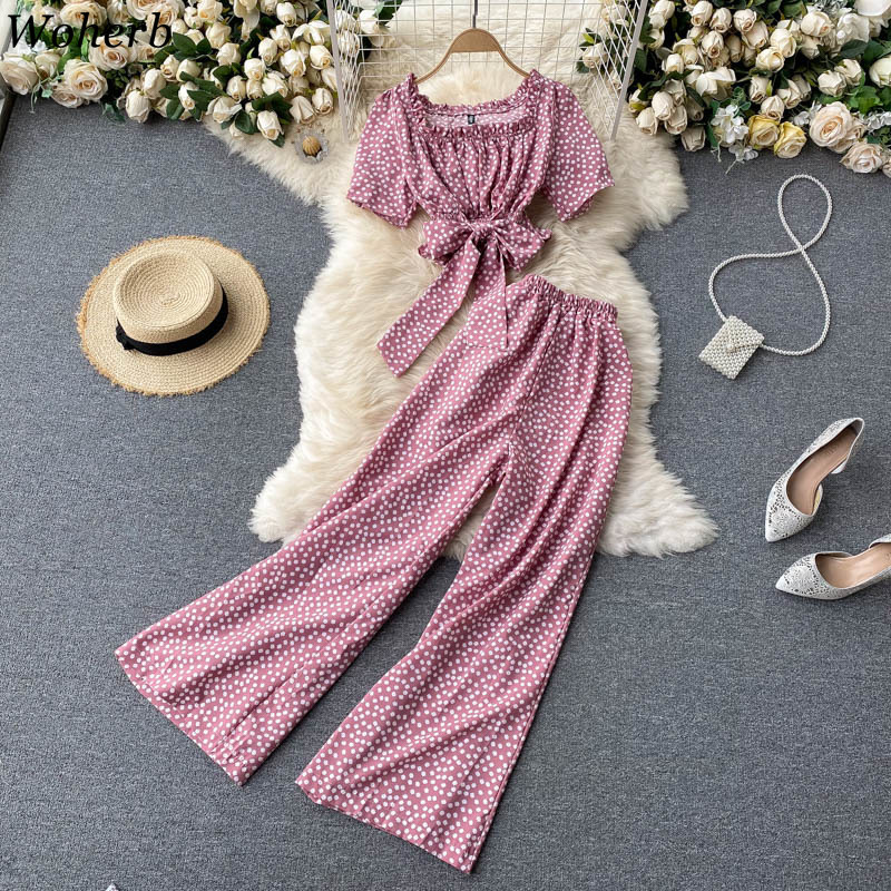 Women Pleated Wide-leg Pants Two Piece Sets Boho Floral Printed Bandage Crop Tops Outfits Woman Fashion 2 Pcs Suits 210519