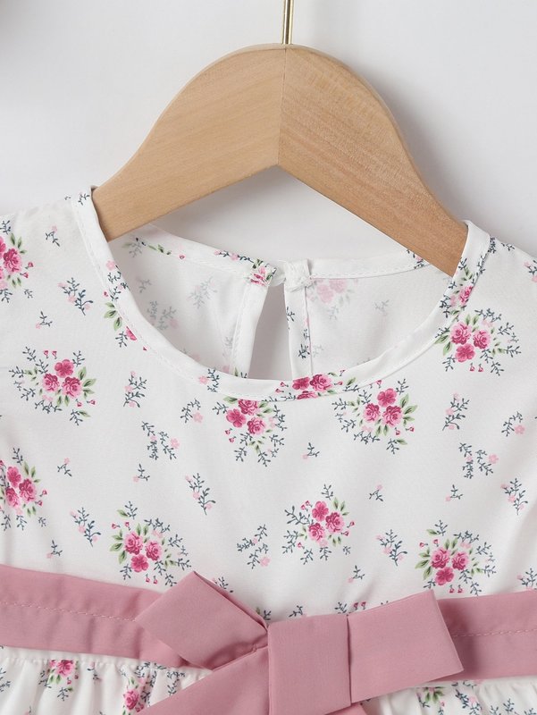 Baby Floral Print Keyhole Back Knot Front Dress SHE R250424