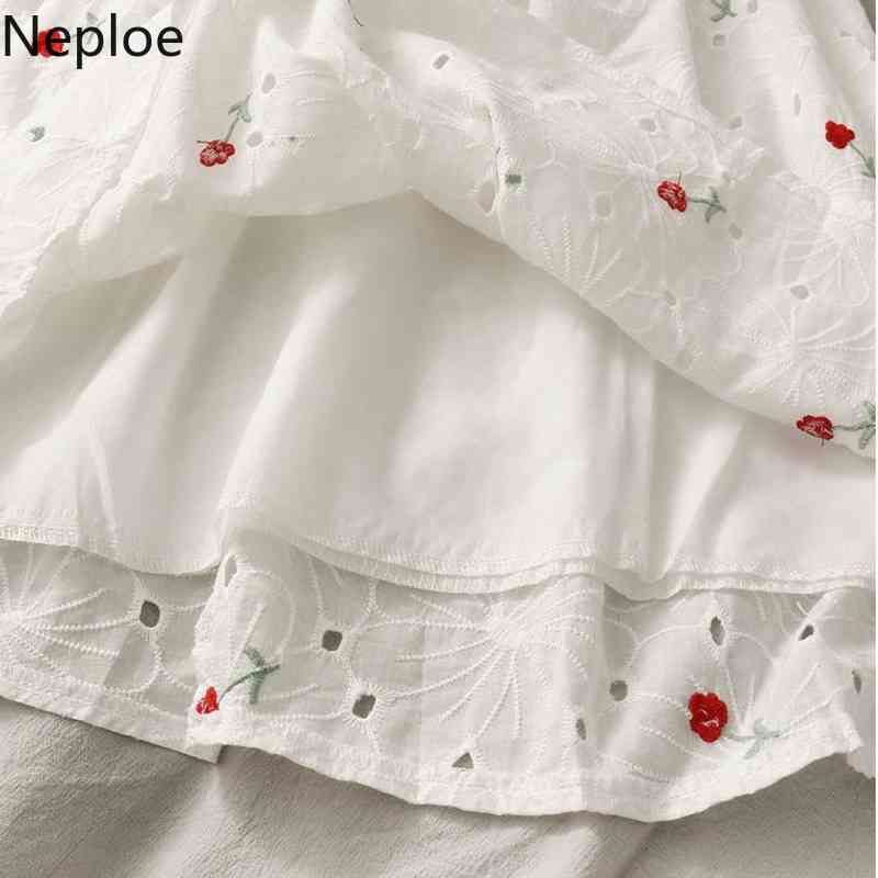 Neploe Hollow Out Embroidery Dress Women Summer Sweet Robe Puff Short Sleeve Square Neck Loose Vestidos White Mini Dresses 210422