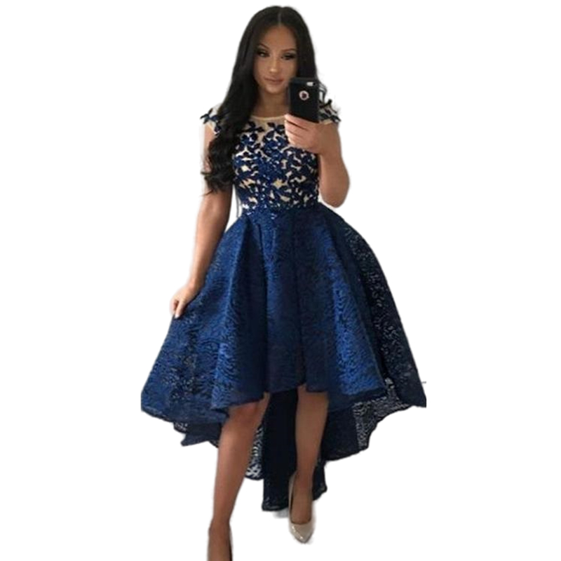 Elegant A Line High Low Prom Dresses Navy Lace Appliques Short Front Long Back Homecoming Dress Custom Made Evening Gowns For Women 2026