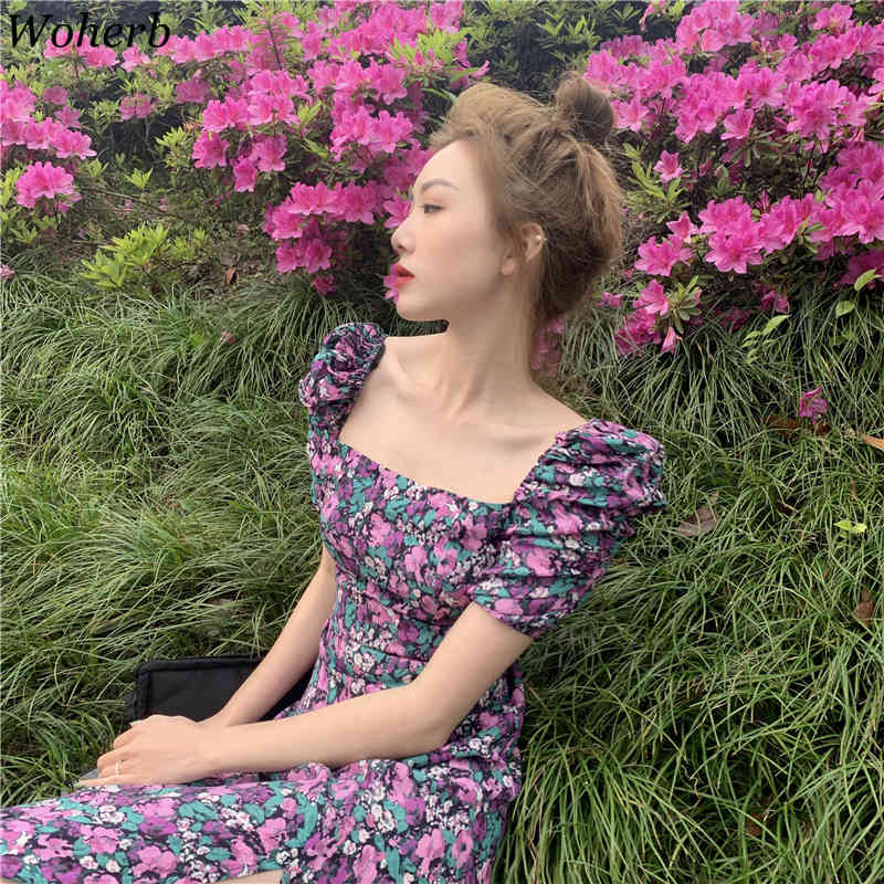 Elengant Floral Chic Printing Dress Women Square Collar Purple Dresses All Match Short Sleeves Korean Split Vestidos 210519