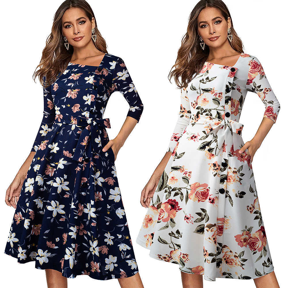 Nice-forever Spring Solid Color with Button Retro Elegant Dresses Party Flare Swing Women Dress A241 210630