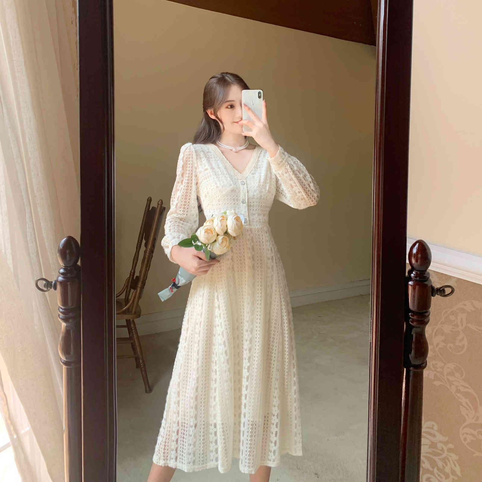 French Fairy Elegant Dress Women Casual Dress Korean Long Sleeve V-neck Evening Party Vintage Dress Female Autumn 210521