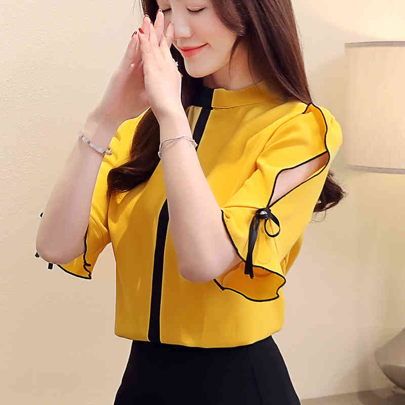 Summer Large Size Hit Color Loose Slim Chiffon Blouse Women Short-Sleeve Stand Collar All-match Ladies' Shirt 8956 50 210427