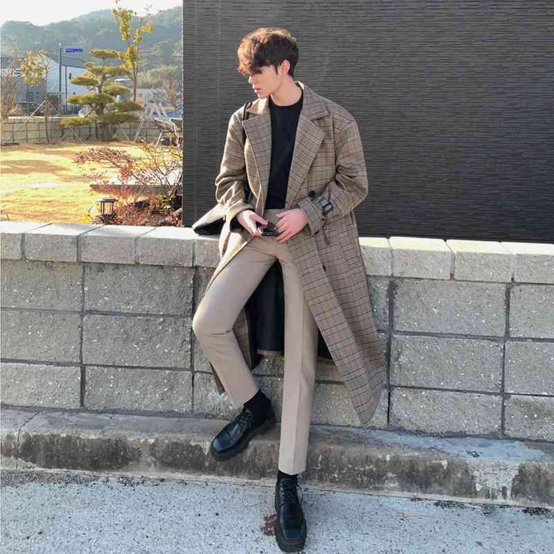 IEFB /men's wear mid-length trench coat plaid print Korean handsome oversize spring knee-high Windbreaker double breasted 9Y3943 210524