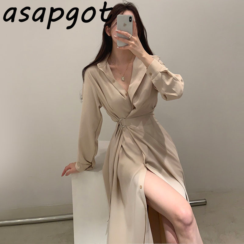 Temperament Elegant Chic Turn Down Collar Lace Up Waist Long Sleeve Shirts Dress Women Plus Size One Pieces Vestidos De Mujer 210429