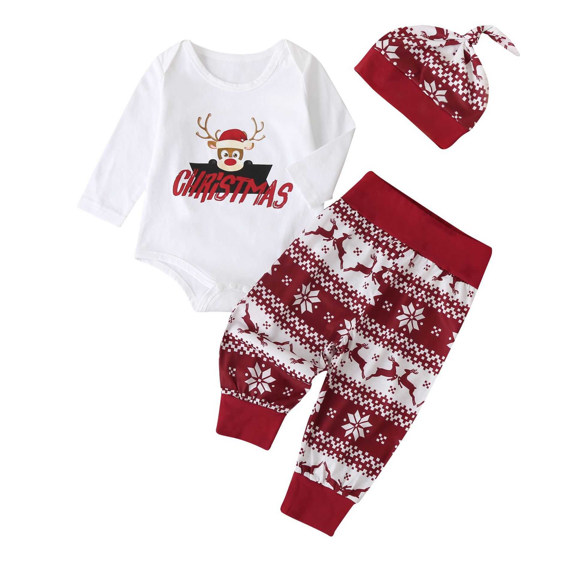 Arrivals Winter Boys Sets Long Sleeve Rompers Red Patchwork Trousers Cute Hat Christmas style 3Pcs Clothes 210629