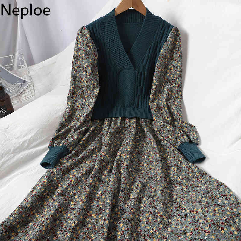 Neploe Patchwork Knitted Ribbed Dresses for Women Sweet Floral Corduroy Korean Vestidos V-neck Puff Sleeve Slim Robe Dress 4G411 210422
