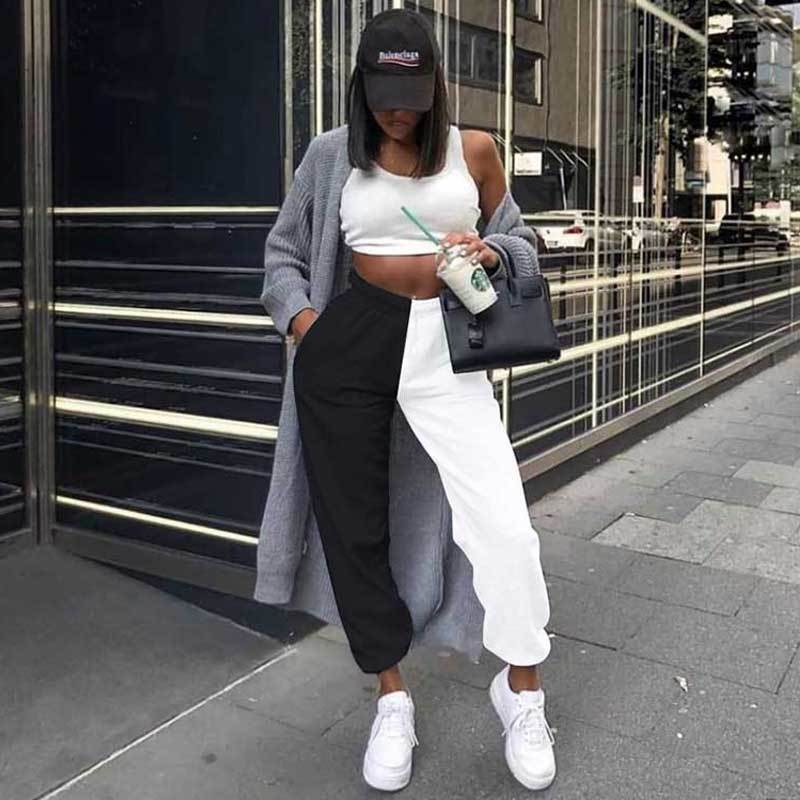 Half Black Half White Pants Women Trousers Sweat Baggy Pants Women Joggers High Waist Sweatpants For Women Streetwear 210319