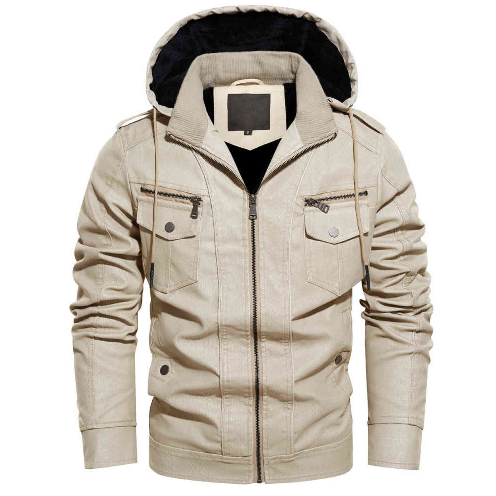 Leather Jacket Men Outwear Fashion Hooded Punk Style Vintage Motorcycle Jacket Men Outdoor Fashion Hooded Biker Jacket PU 211110