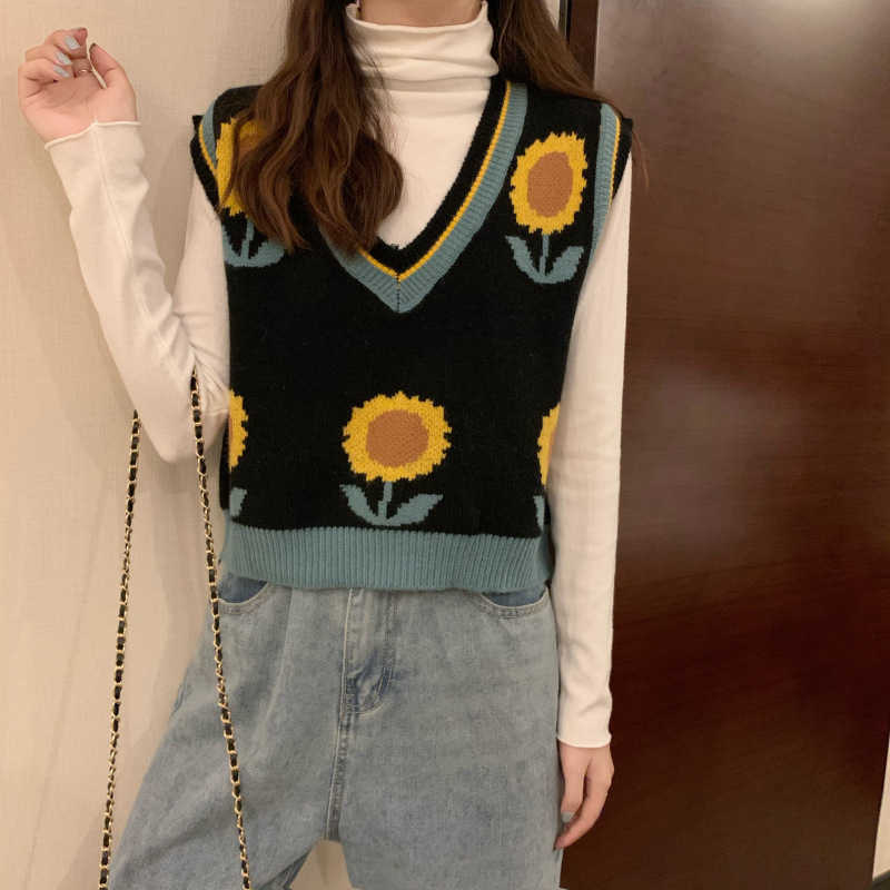 Veste Sans Manche Femme Autumn Korean Style Loose Sunflower Print Pullover Vests for Women Casual Short Knitted Vest Mujer 210604