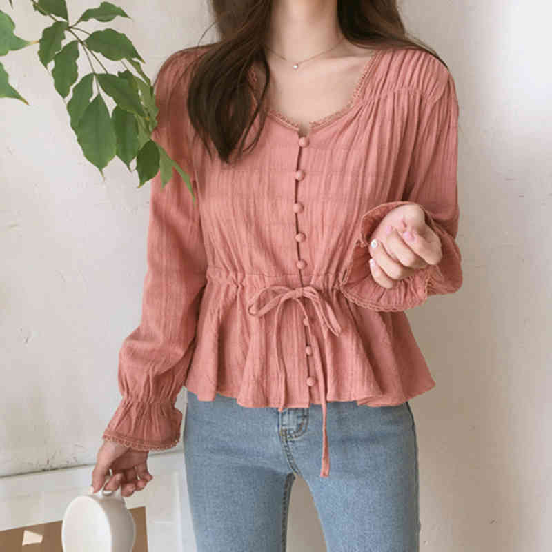 Arrival Autumn Korea Fashion Slime Sleeve Single-breasted Female Tops Women Cotton Blouse Shirts S52 210512