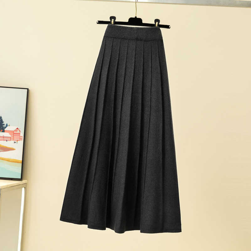 Women Knitted Ribbed Pleated Midi Skirts Solid Warm A-Line Skirt Female Winter Autumn Trendy Elegant Ladies Bottoms Girls 210619