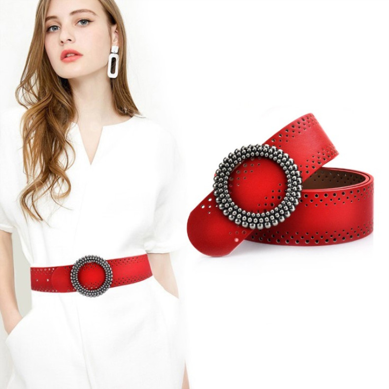 Belt for Woman Fashion Smooth Buckle Hollow Out Design Womens Belts Genuine Cowhide Width 4.8cm 2 Color Optional