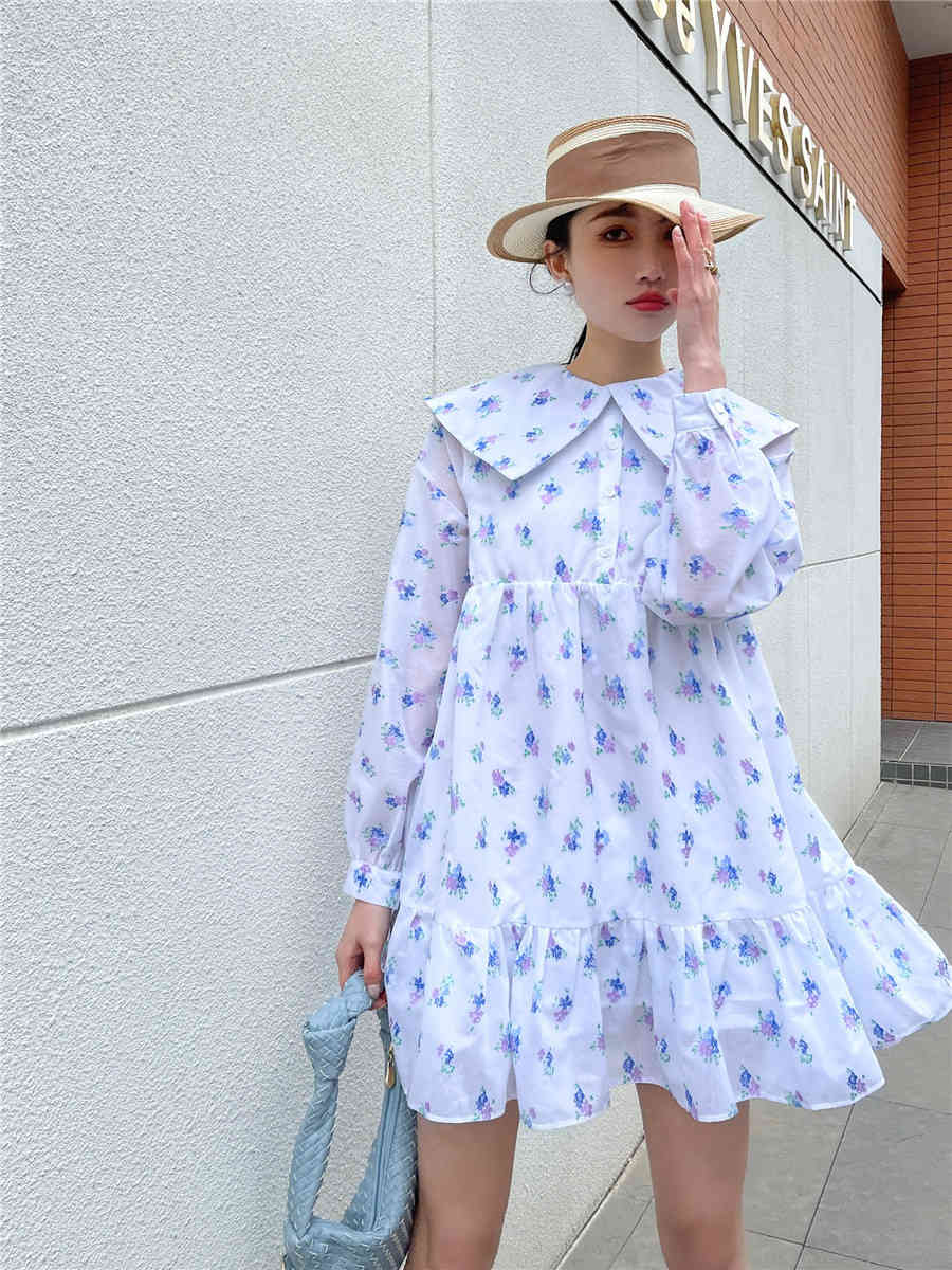 Spring Long Sleeve Cute Korean Dress Women White Floral Print Ruffle Lantern A Line Kawaii Clothes 210427