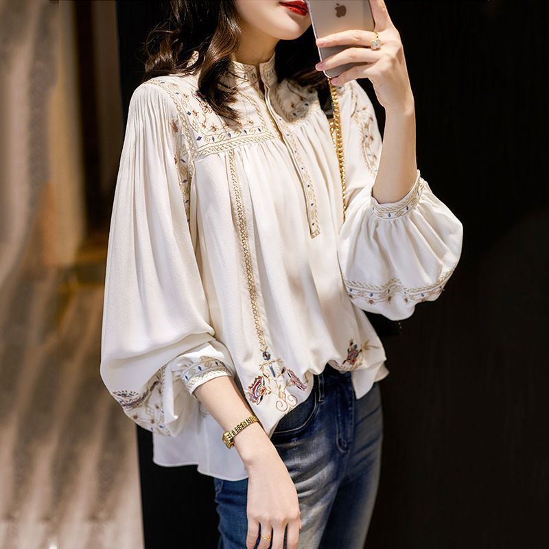 Lady Large Size Fashion Printed Shirt Women's Spring Summer New Retro Bohemian Long Lantern Sleeve Elegant Blouse Tops P191 210317