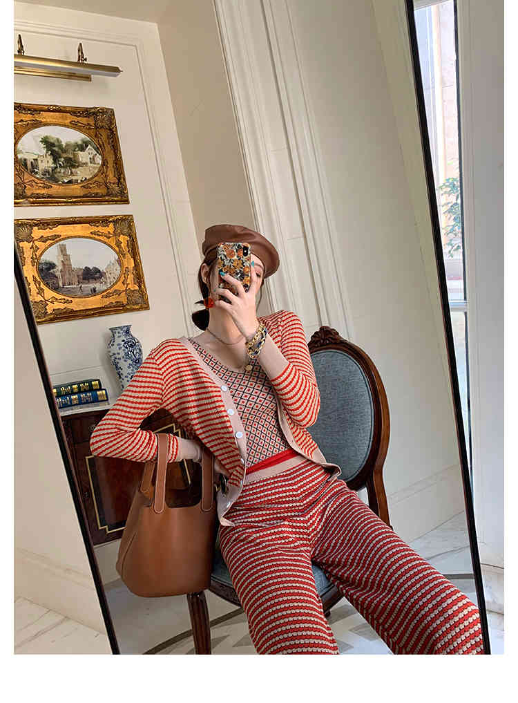 fashion Colour Striped Cardigan Jacket + Suspender Vest Side Slit Skinny Broad-legged Pants Women Spring Autumn Outfit 210519