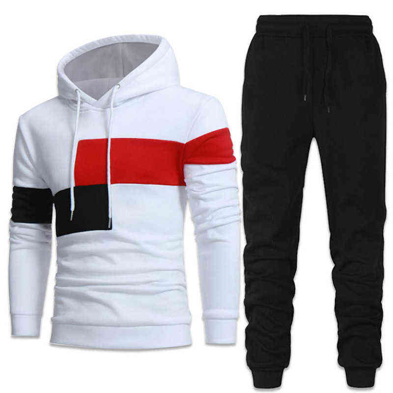 Personality Patchwork Men Tracksuits Hoodies Suits Men Hoodies+Pants Two Piece Set Autumn Winter Warm Hooded Pullover Suits 211109