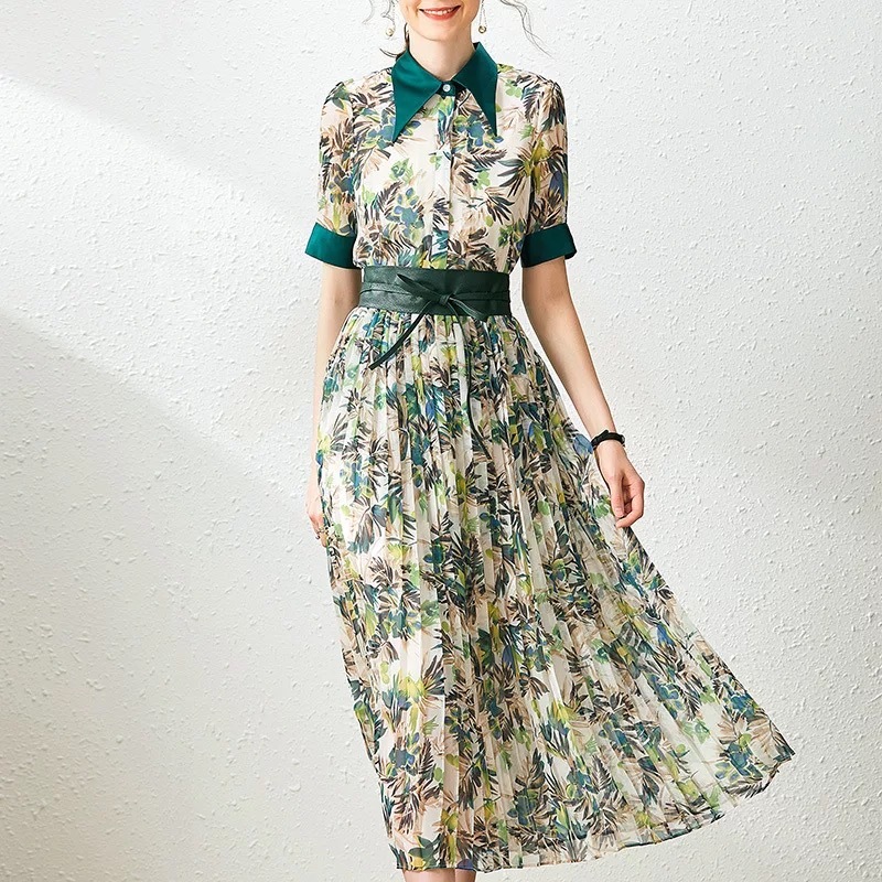 Pleated Dress Summer Women Turn Down Collar Patchwork Printed Short Sleeved Slim Belted Elegant Dresses Casual z 210421