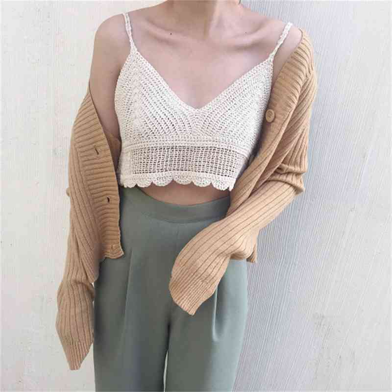 Bohemian Hollow Out Flower Crocheted Camis Holiday Summer Short Tank Tops Women Retro Sexy Slim Crop Top Tees Beach 210429