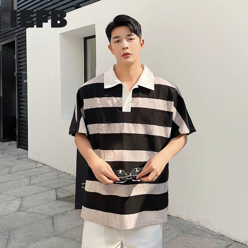 IEFB Summer Polo Shirt For Men Personalized Burr Stripe Polo Pullover Short Sleeve Tee Tops Oversized Clothing 9Y7551 210524