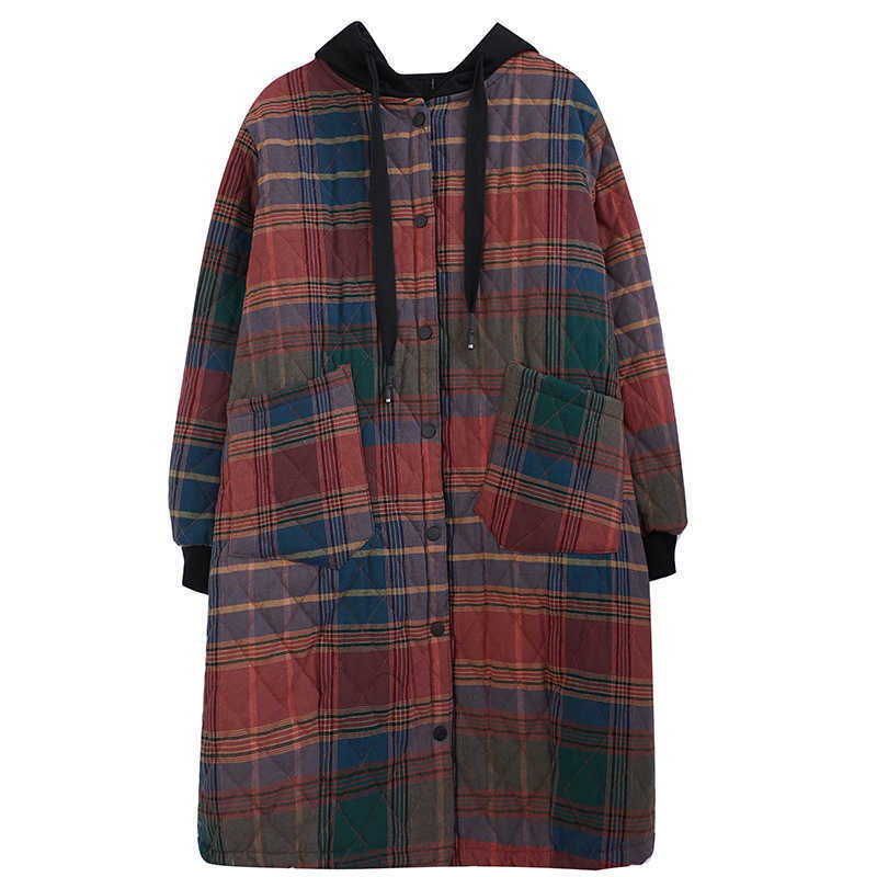 Johnature Women Vintage Winter Parkas Plaid Button Coats Hooded Pockets Warm Female Clothes Korean Style Parkas Coats 210930