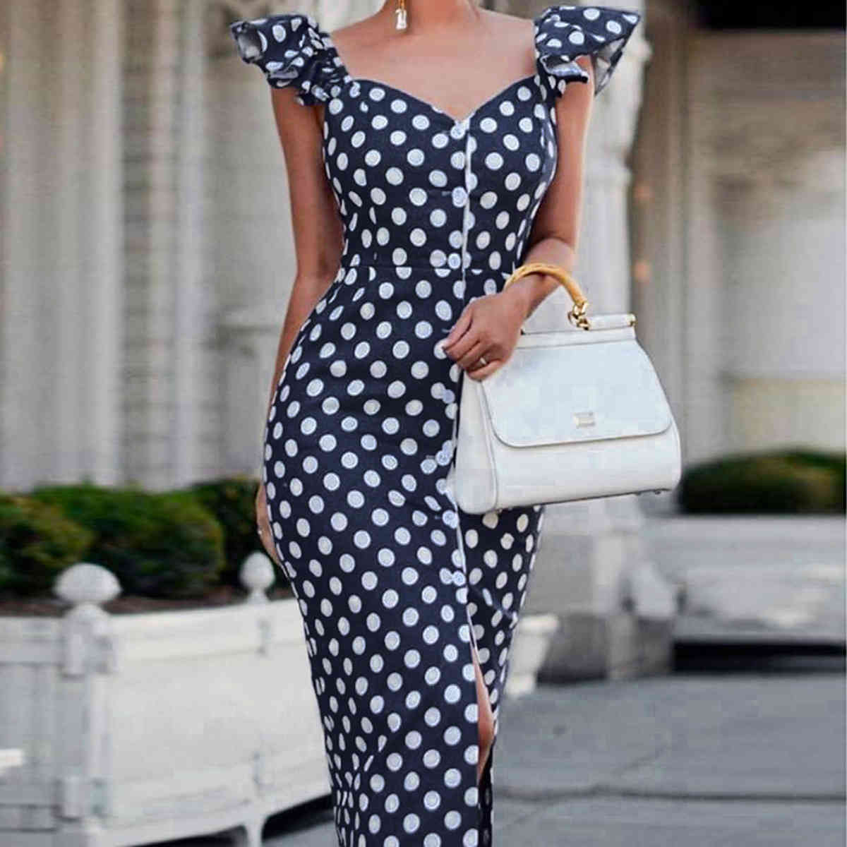 Women Dress Ruffles V-Neck Dot Dresses Split Plus Size Long Summer Clothes Fashion 210513