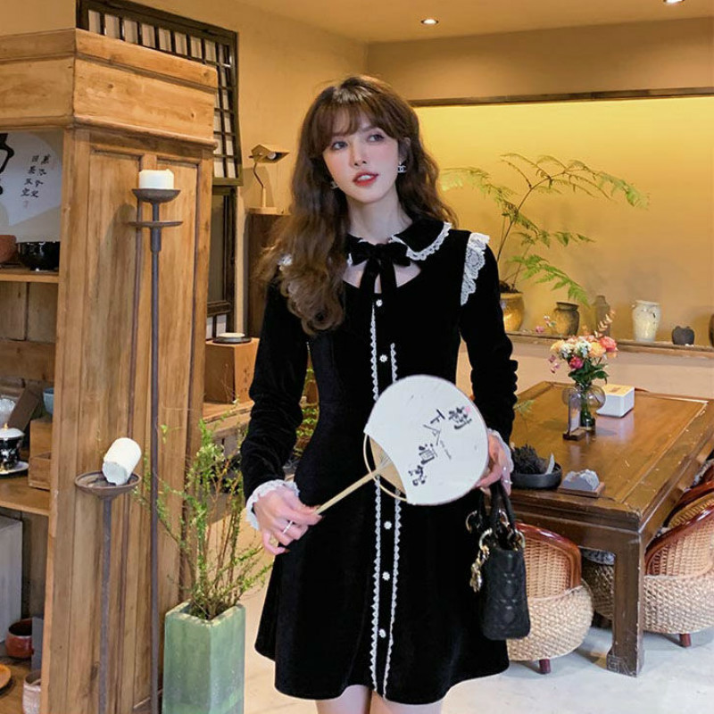 French Vintage Mini Dress Women Fashion Evening Party Black Dress Female Long Sleeve Lace Bow Dress Korean Spring 210521