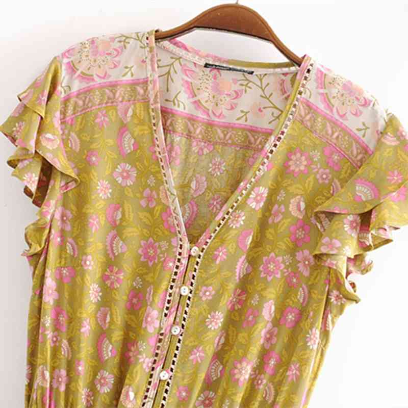 beauty Fashion Boho Floral Print Midi Dress Women Holiday Chic Hollow Out Dresses Female Summer Ruffles Beach Wear 210514