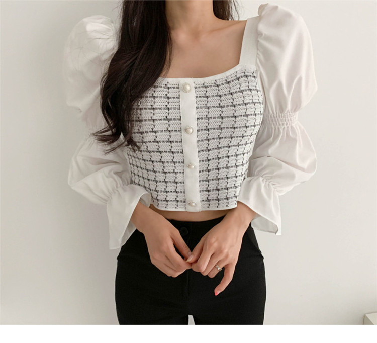 Korean Autumn Elegant Long Puff Sleeve Square collar Striped Knitted Single-breasted Women chic Tops Vestidos 210519