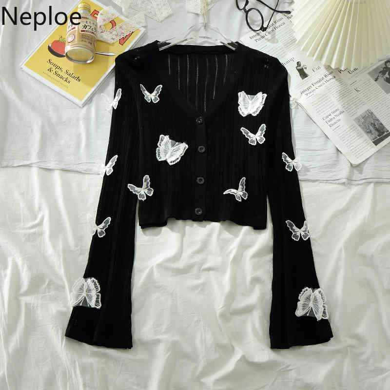 Neploe Knitted Thin Sweater Women Korean 3D Butterfly V-neck Flared Sleeve Cardigan Sun Protection Slim Fit Cropped Tops 4I613 210422
