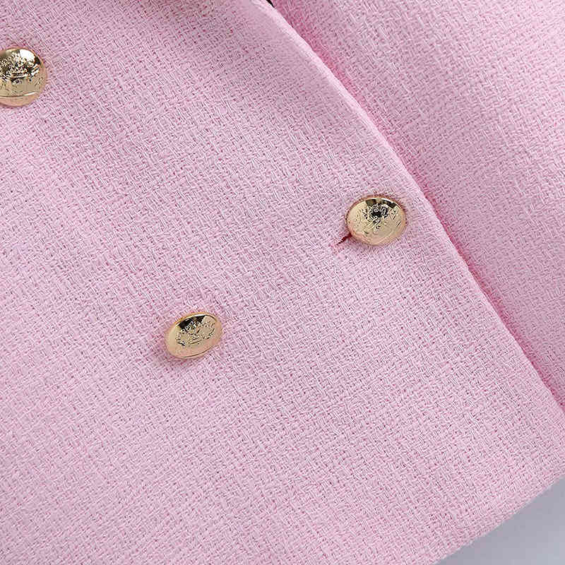 Women Vintage Pink Texture Tweed Blazer Coat Office Ladies Long Sleeve Suits Female Outerwear Chic Tops 210521