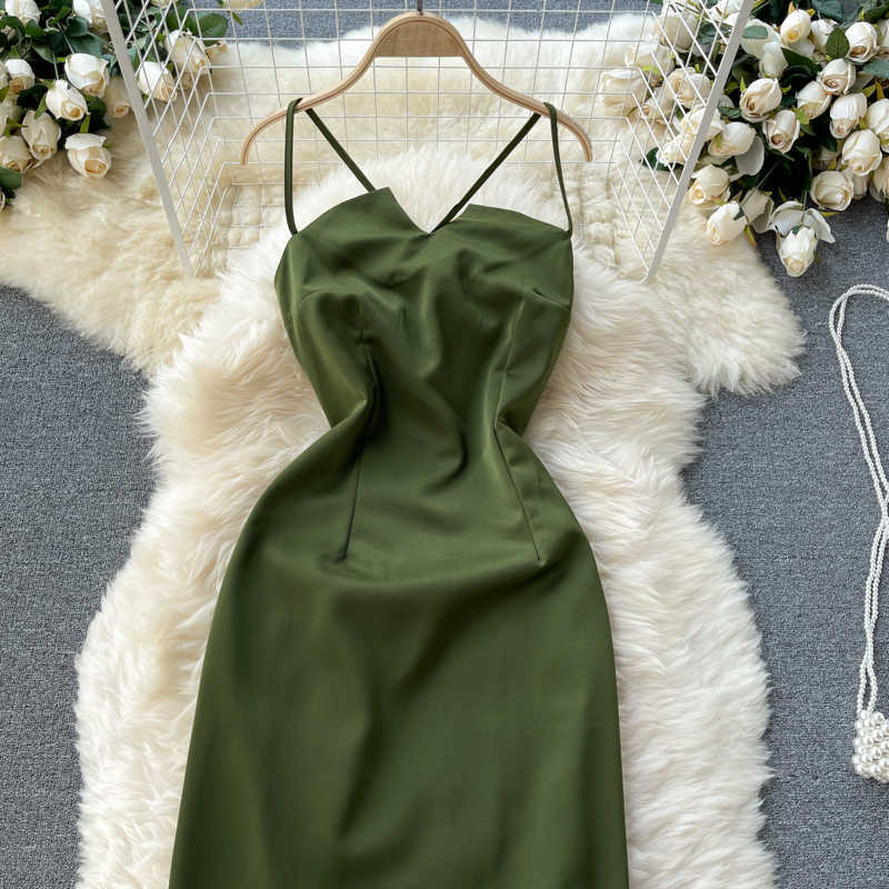 DEAT Women Sling Slim Split Backless Dress V-Neck Sleeveless Arrivals Lady Temperament Fashion Spring Summer 11D576 210709