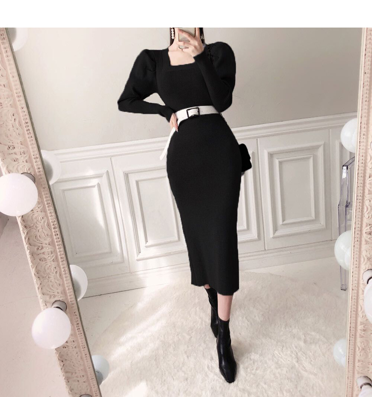 Winter Korean Style Slim Temperament Long Knitted Sweater Dresses Square Neck Sexy Split Puff Sleeve Vestido Da Festa 210520