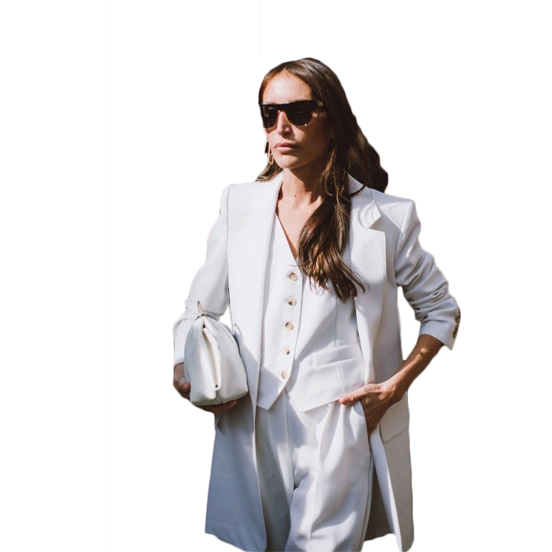 3 Pieces White Women Pants Suits Leisure Loose Two Button Long Blazer Suit Ladies Prom Party Wedding Outfit (Jacket+Vest+Pants)