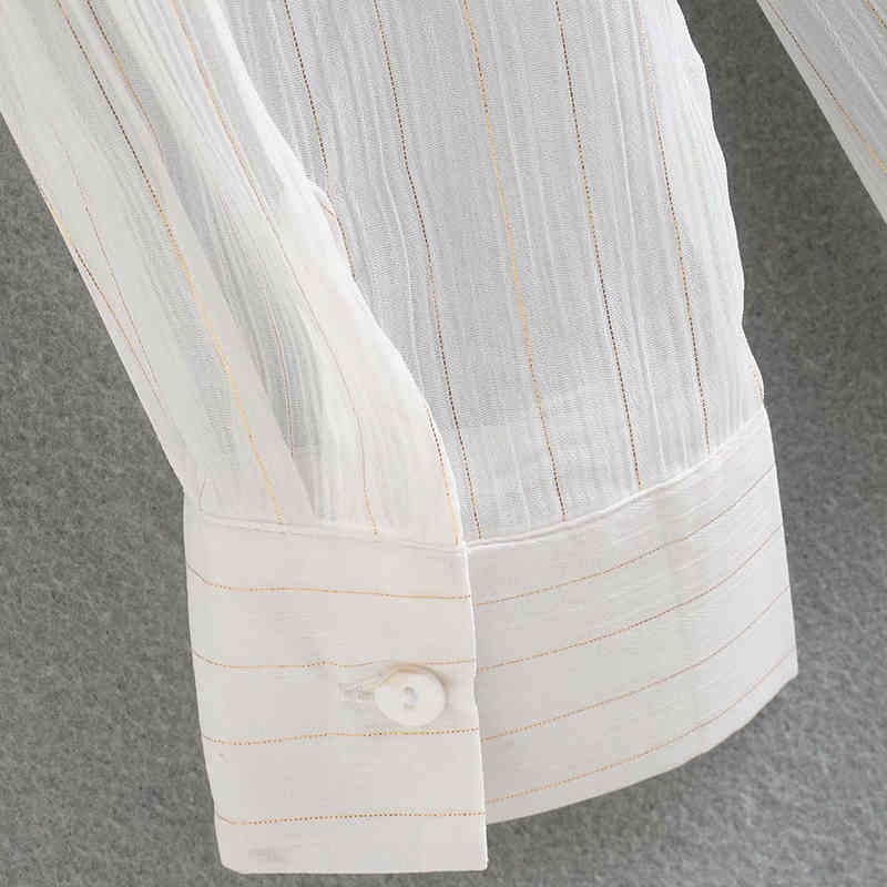Women Retro Simplicity Temperament Golden Lines Translucent Shirt Female Loose Lapel Long Sleeve Chic Top 210520