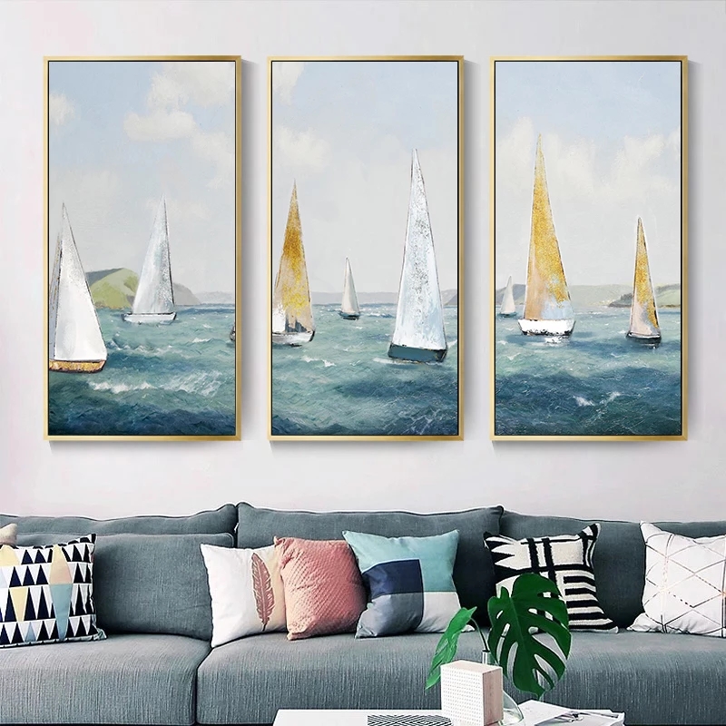 Sailing Boat Oil Paintings Print On Canvas Golden Ship Posters Ocean Sea Wall Art Abstract Wave Pictures for Living Room Decor