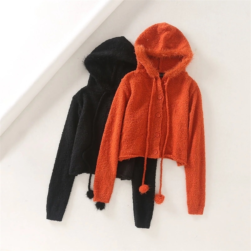 Women Slouchy Silhouette Cropped Knit Hoodie with Drawstring Pom-poms Furry Crop Hooded Sweater 210512